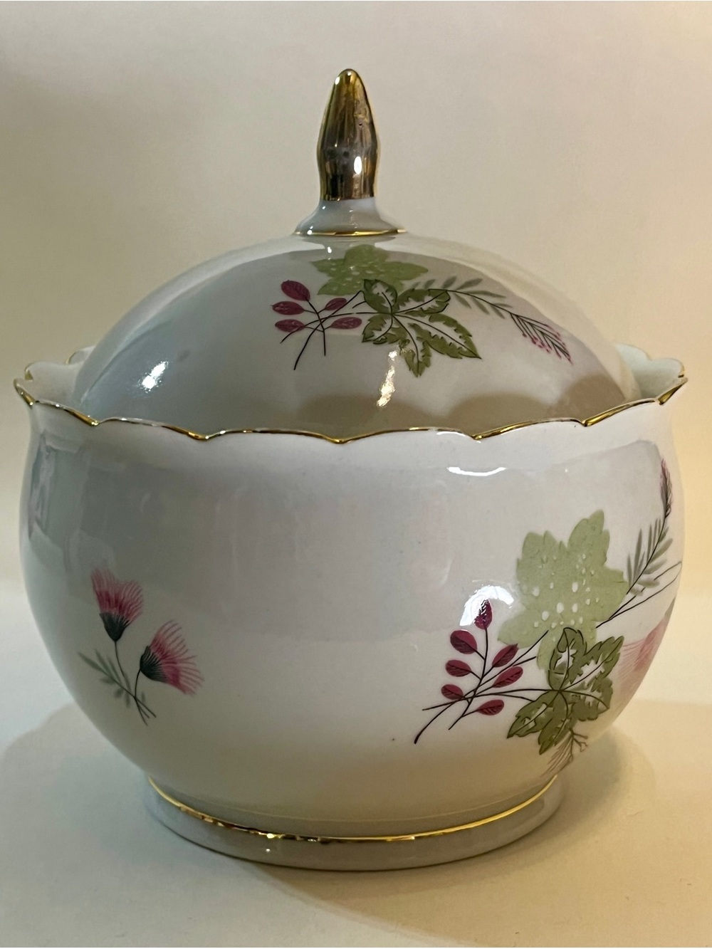 White Porcelain Lidded Sugar Bowl with Green Leaf and Pink Floral Design